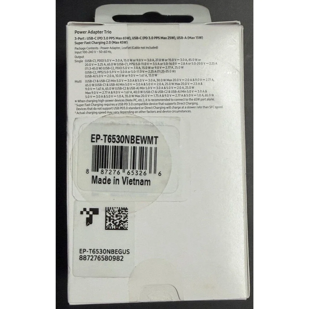 65W Samsung EP-T6530NBEWMT Trio Adapter, Black (Cable not included) NEW